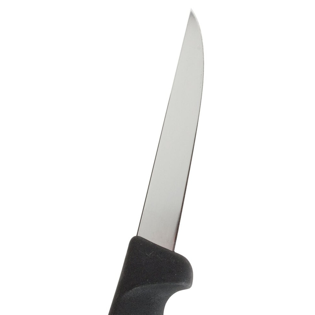 Close-up of the wide stiff high-carbon stainless steel blade of the Victorinox 5.6103.12 boning knife