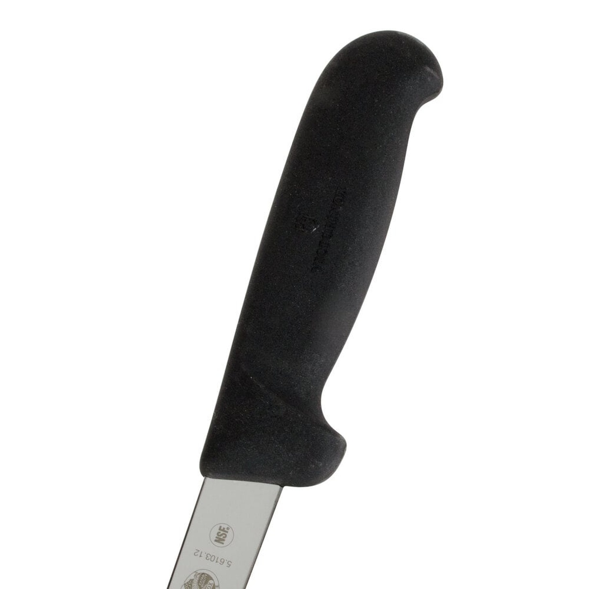 Close-up of the black Fibrox Pro ergonomic handle on the Victorinox 5.6103.12 boning knife