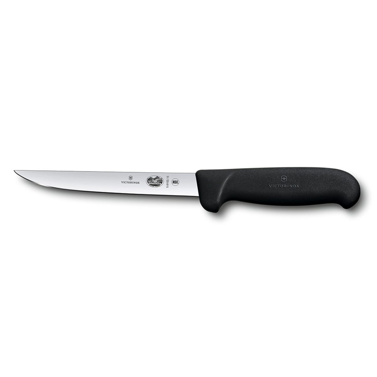 Victorinox 5.6103.15 stiff boning knife with 6-inch wide straight blade and black Fibrox Pro handle on white background