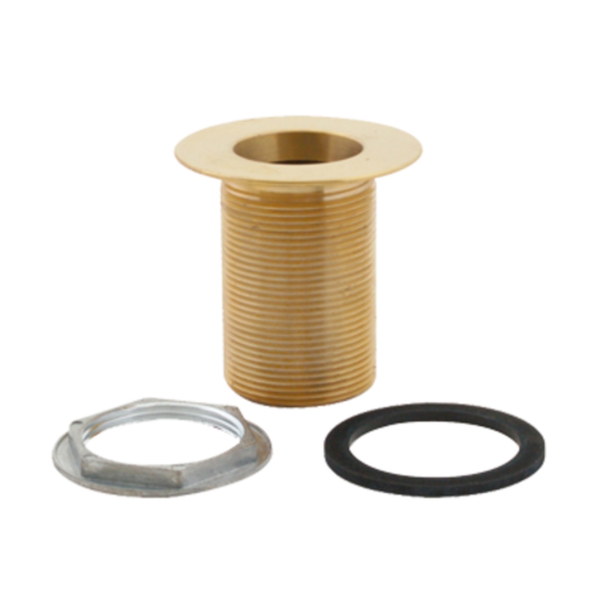 Heavy cast brass drain assembly with threaded body, flange, locking ring, and rubber gasket