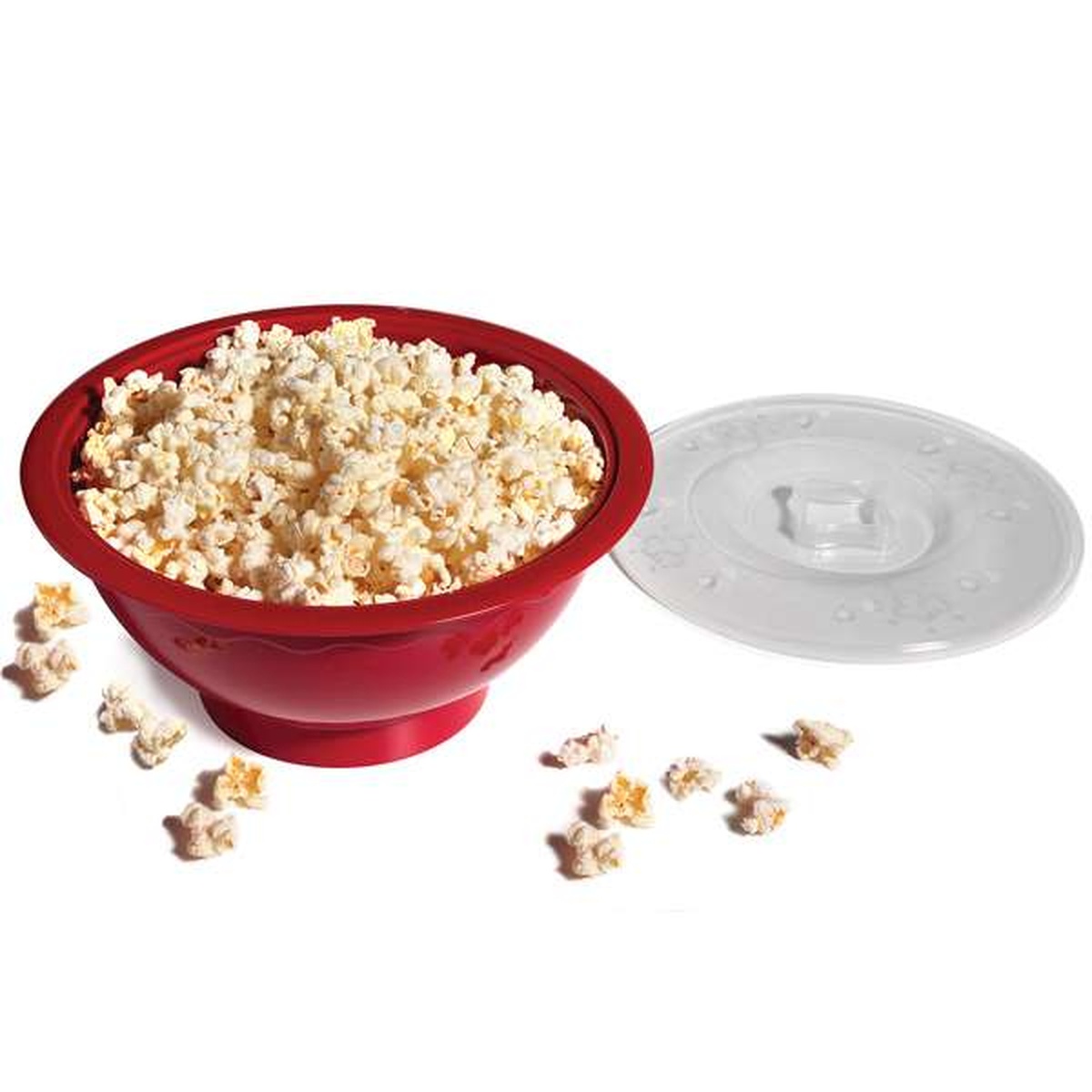 Norpro Microwave Popcorn Popper red bowl filled with freshly popped popcorn, clear lid resting beside it