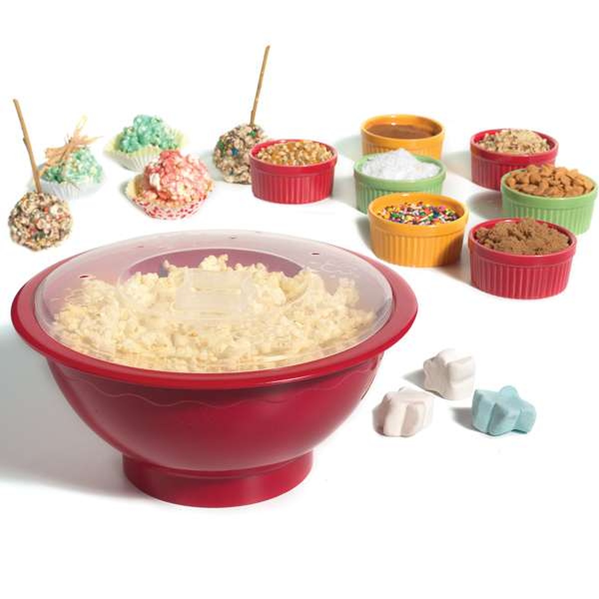 Norpro Microwave Popcorn Popper red bowl with fresh popcorn inside surrounded by assorted toppings and ingredients