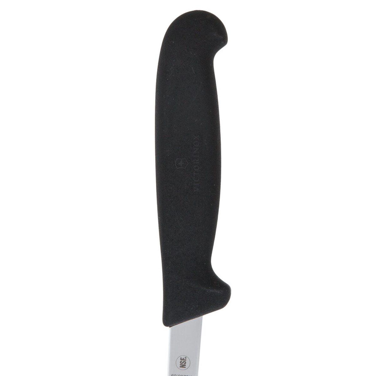Close-up of the black Fibrox handle of the Victorinox 5.6203.09 boning knife showing ergonomic finger guard and textured grip