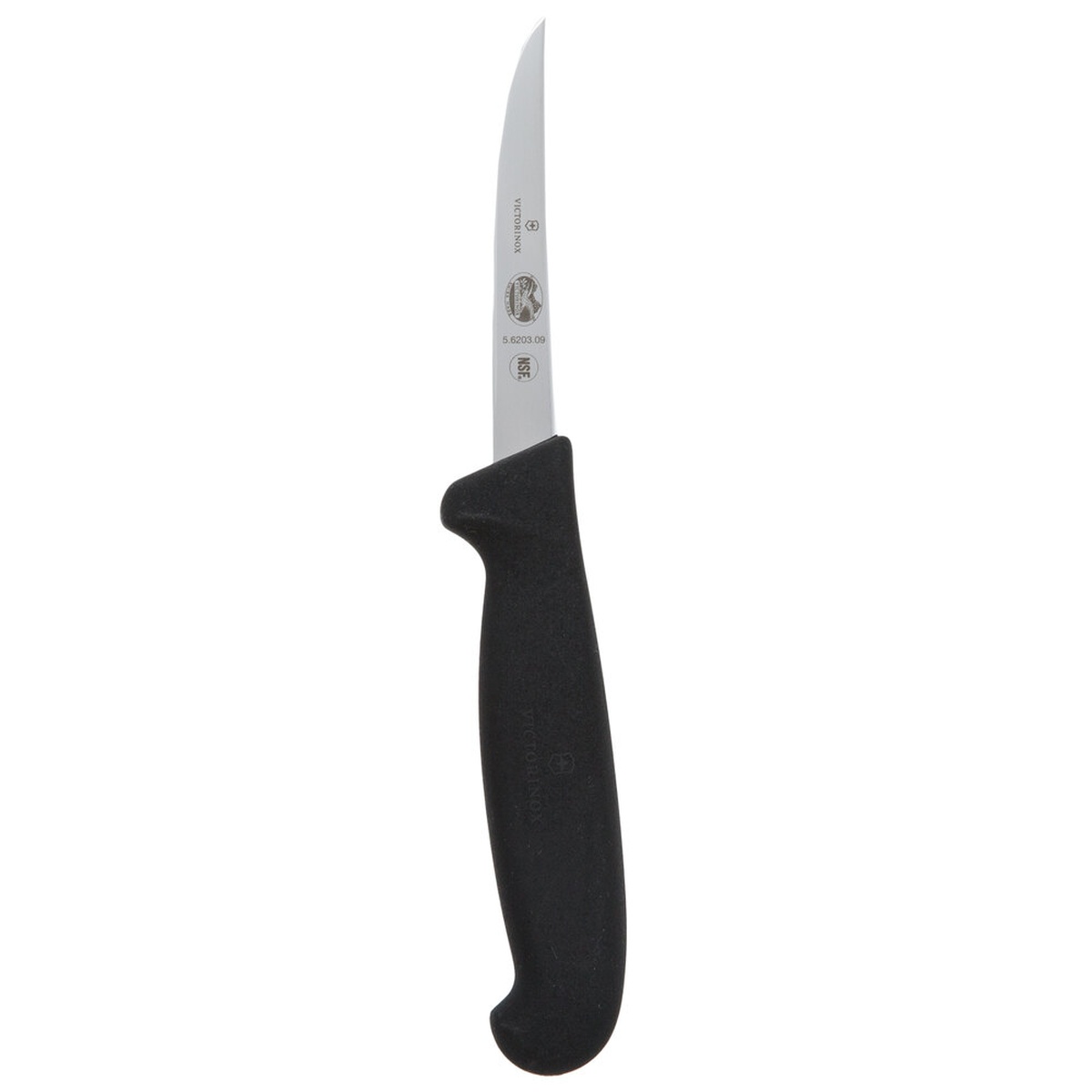 Victorinox 5.6203.09 poultry boning knife full profile view showing narrow curved blade and black Fibrox handle