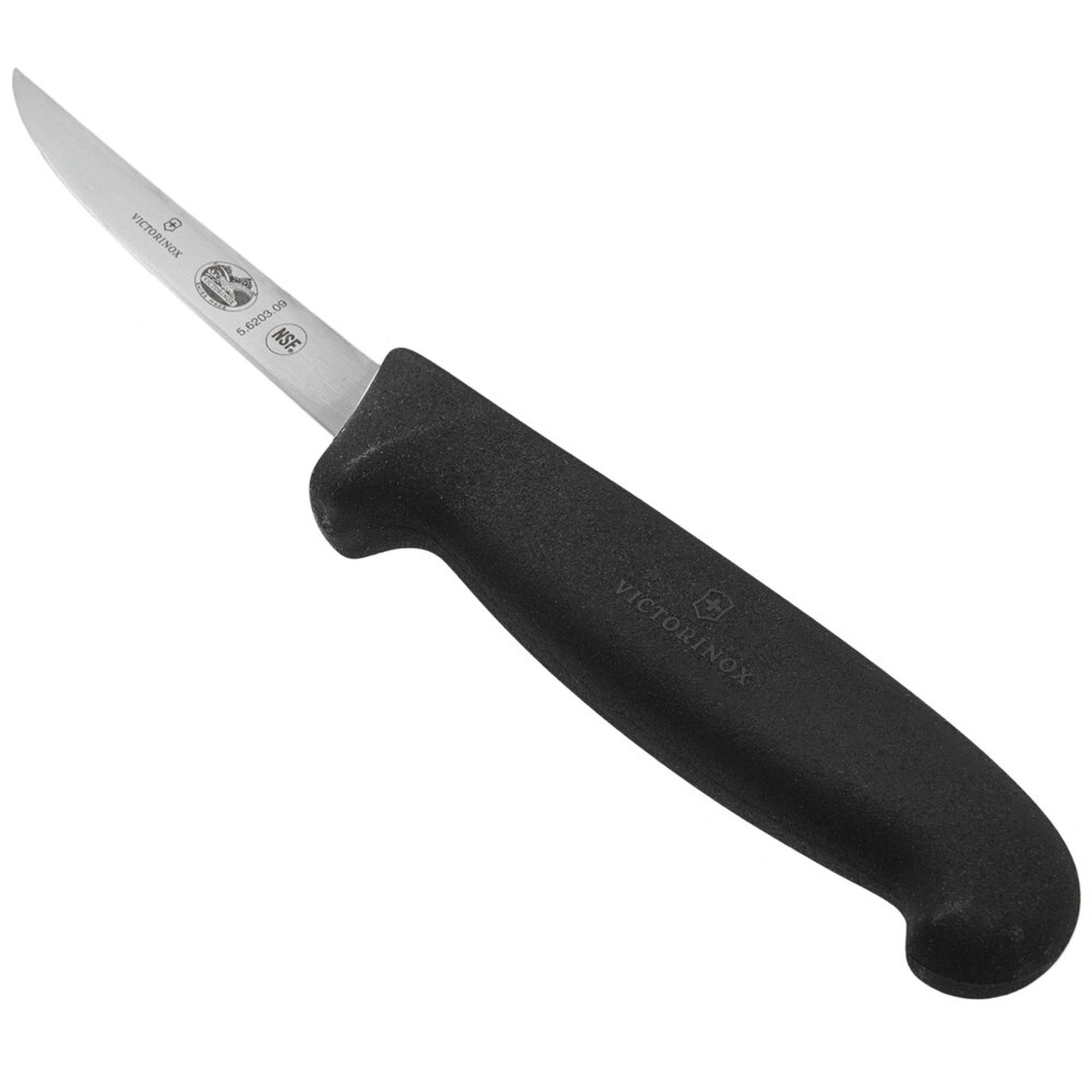 Victorinox 5.6203.09 poultry boning knife with black Fibrox handle and narrow stainless steel blade, angled view