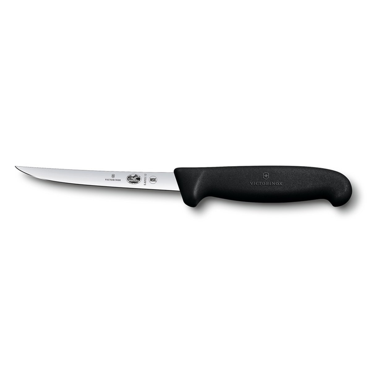 Victorinox 5.6203.12 boning knife with narrow semi-flexible blade and black Fibrox Pro handle on white background
