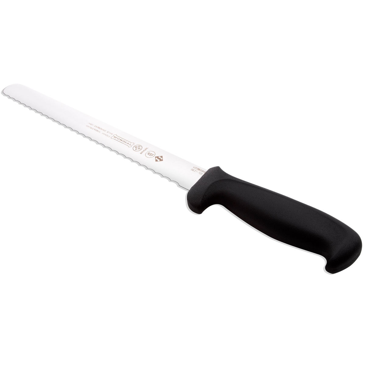 Mundial 5627-10E knife angled view showing ergonomic black polypropylene handle and serrated blade detail