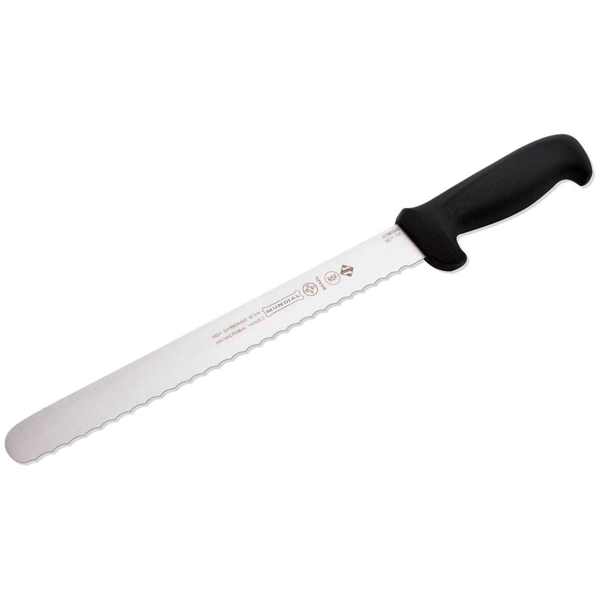 Mundial 5627-10E serrated slicer knife shown at a diagonal angle highlighting the full blade length