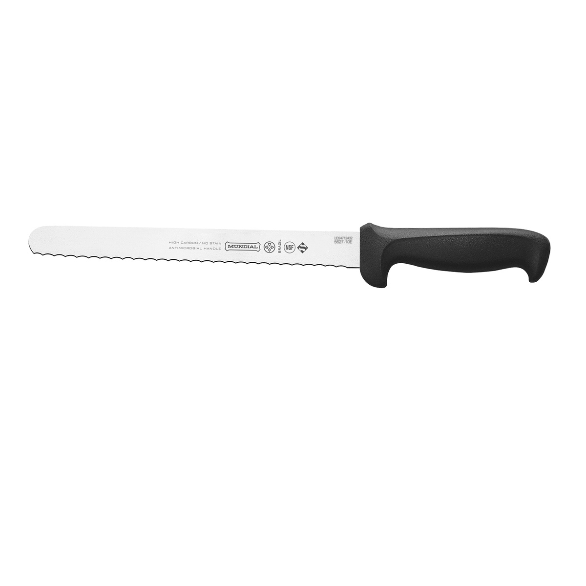Mundial 5627-10E 10-inch serrated slicer knife with black handle, full side profile view