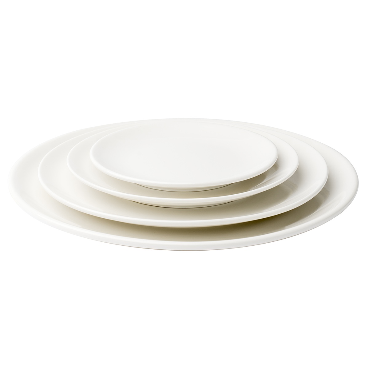 Multiple Browne FOUNDATION round coupe plates stacked together in various sizes