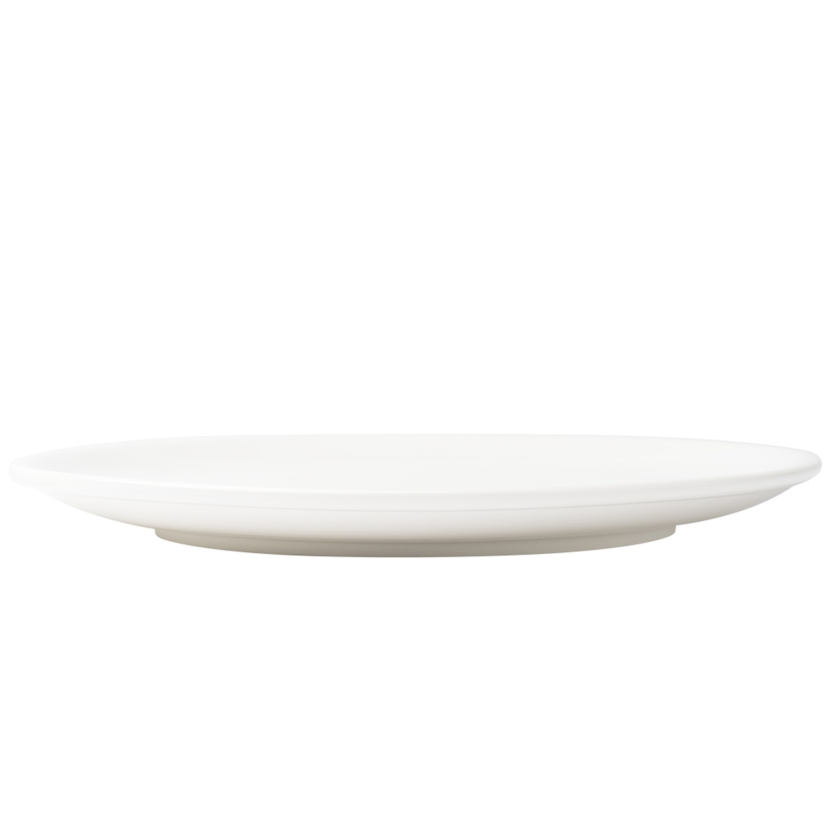 Browne FOUNDATION 12-inch round white coupe plate, side profile view showing low-profile shape