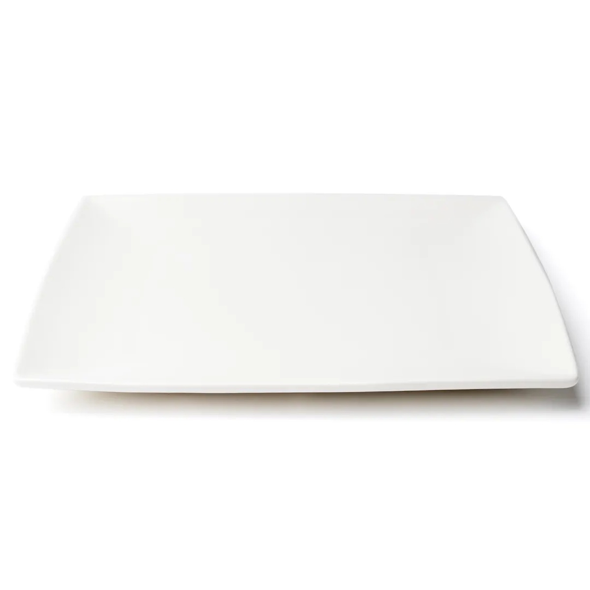Browne USA 5630191 white square coupe china plate, angled side view showing curved edge profile
