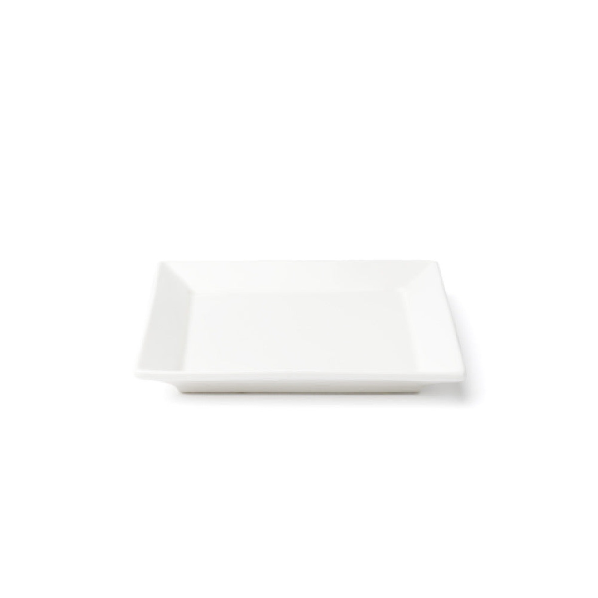 Browne USA Foodservice 5630192 white square porcelain plate with wide rim, angled view