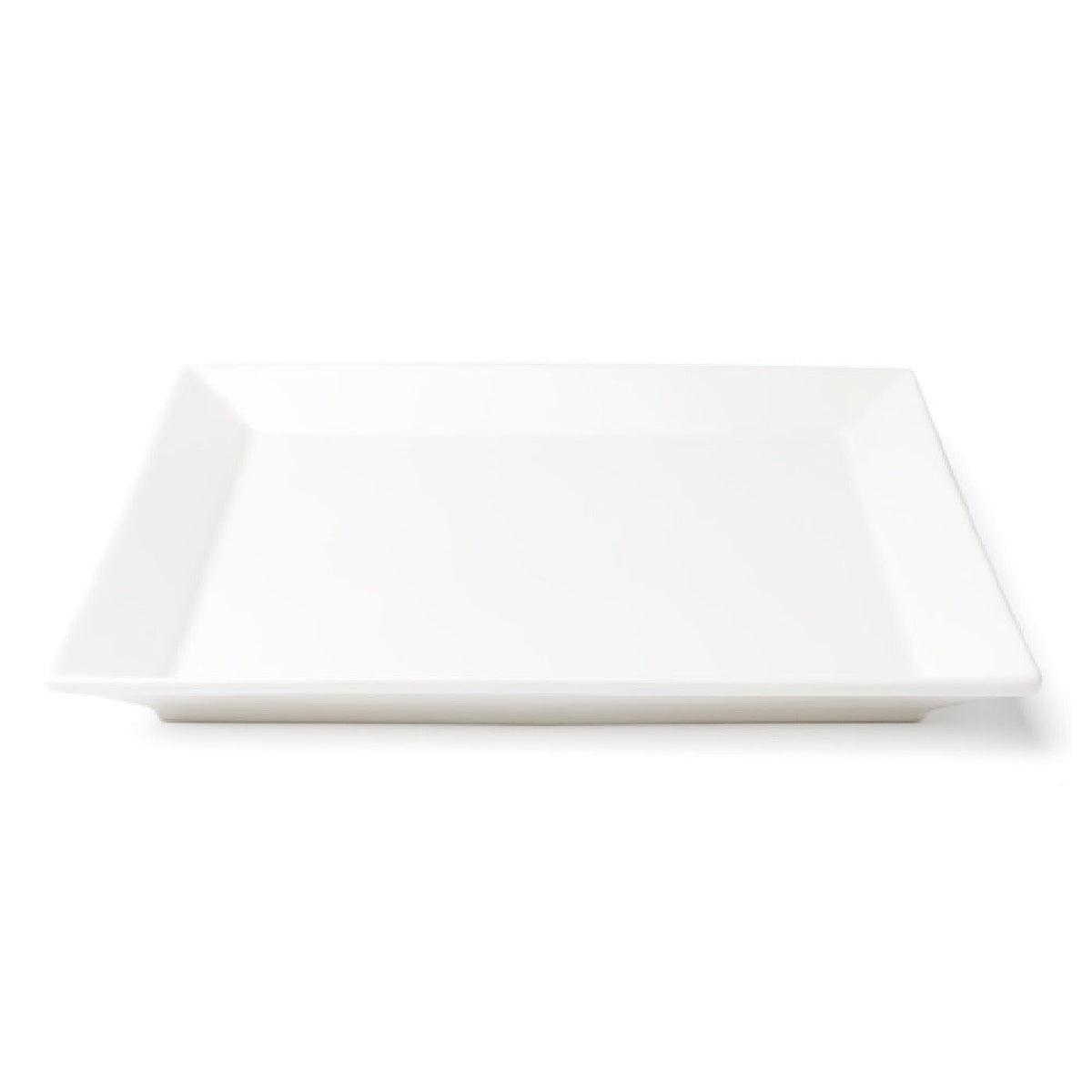 Browne USA Foodservice 5630193 square white porcelain plate, wide angled side profile view