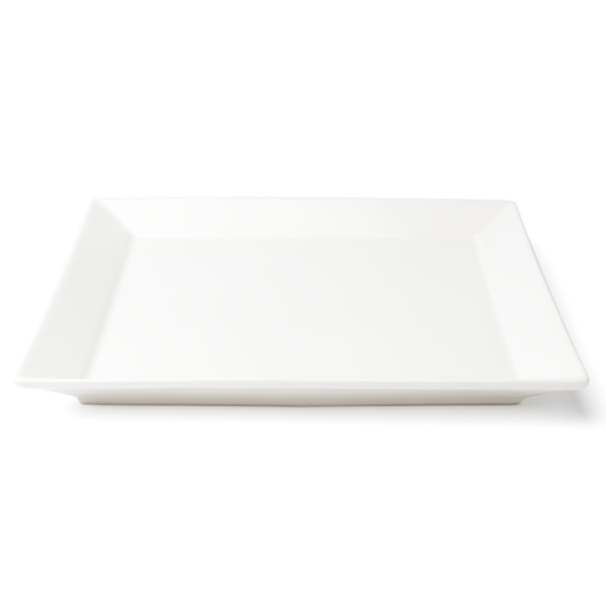 Browne USA Foodservice 5630193 10-inch square white porcelain plate with wide rim, angled side view