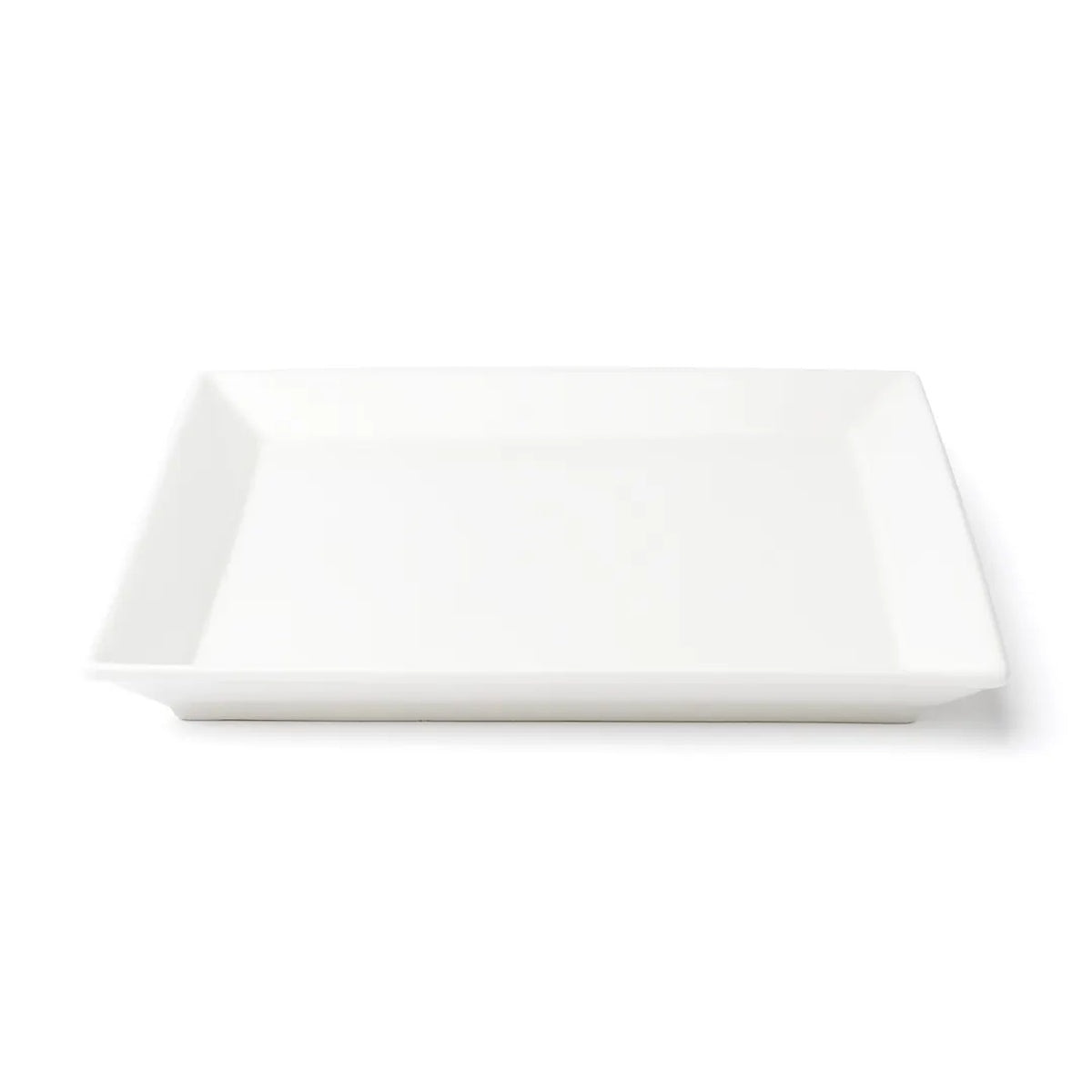 Browne USA Foodservice 5630194 white square porcelain plate with wide rim, angled side view