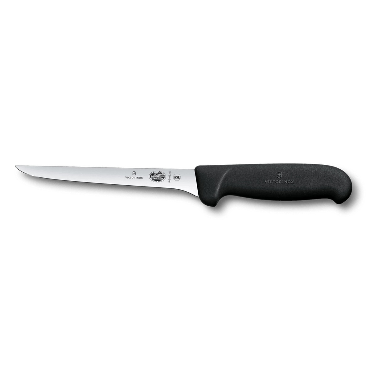 Victorinox Fibrox 6-inch boning knife with narrow stainless steel blade and black TPE handle on white background