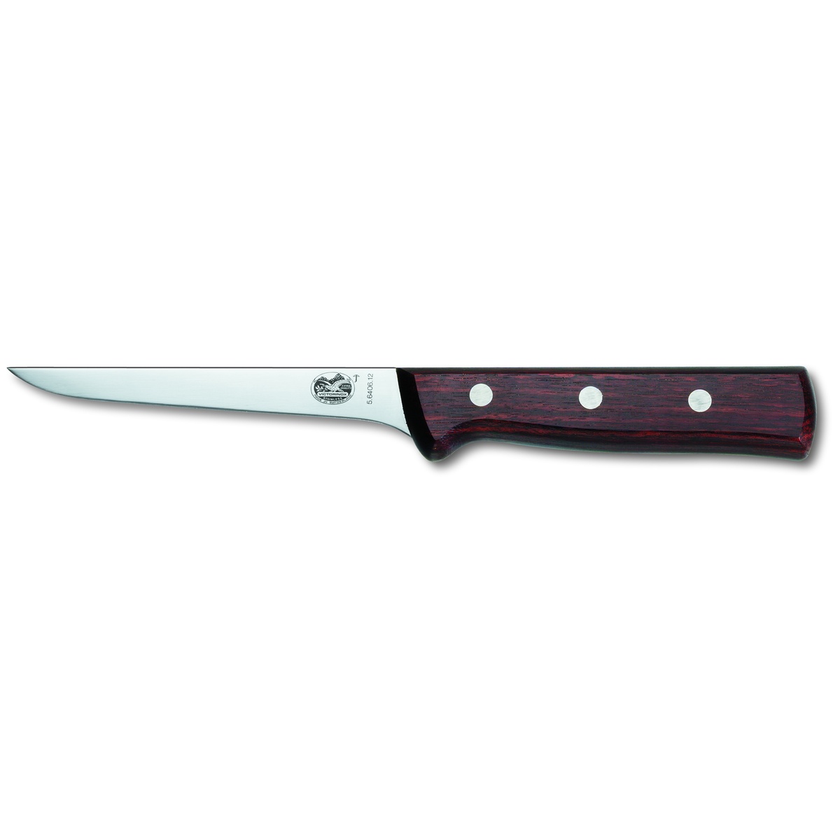 Victorinox 5.6406.12 boning knife with narrow stiff straight blade and rosewood handle, side profile view