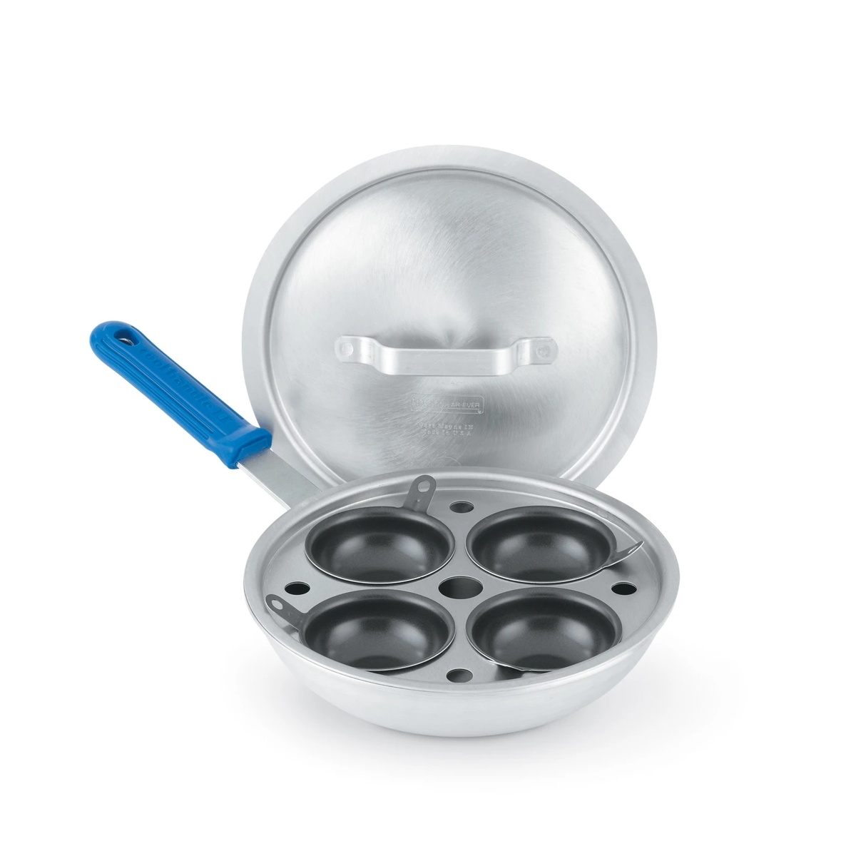 Vollrath Wear-Ever 4-cup aluminum egg poacher set showing pan with blue Cool Handle, inset with four nonstick poaching cups, and domed aluminum cover
