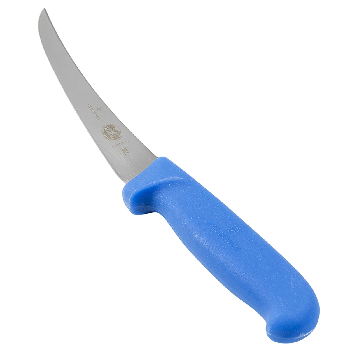 Close-up view of Victorinox boning knife blue Fibrox handle and blade heel from above