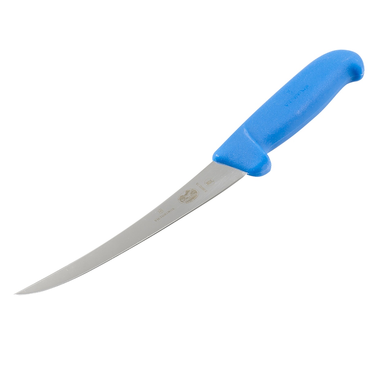 Victorinox boning knife shown diagonally, highlighting the full length of the curved stainless blade