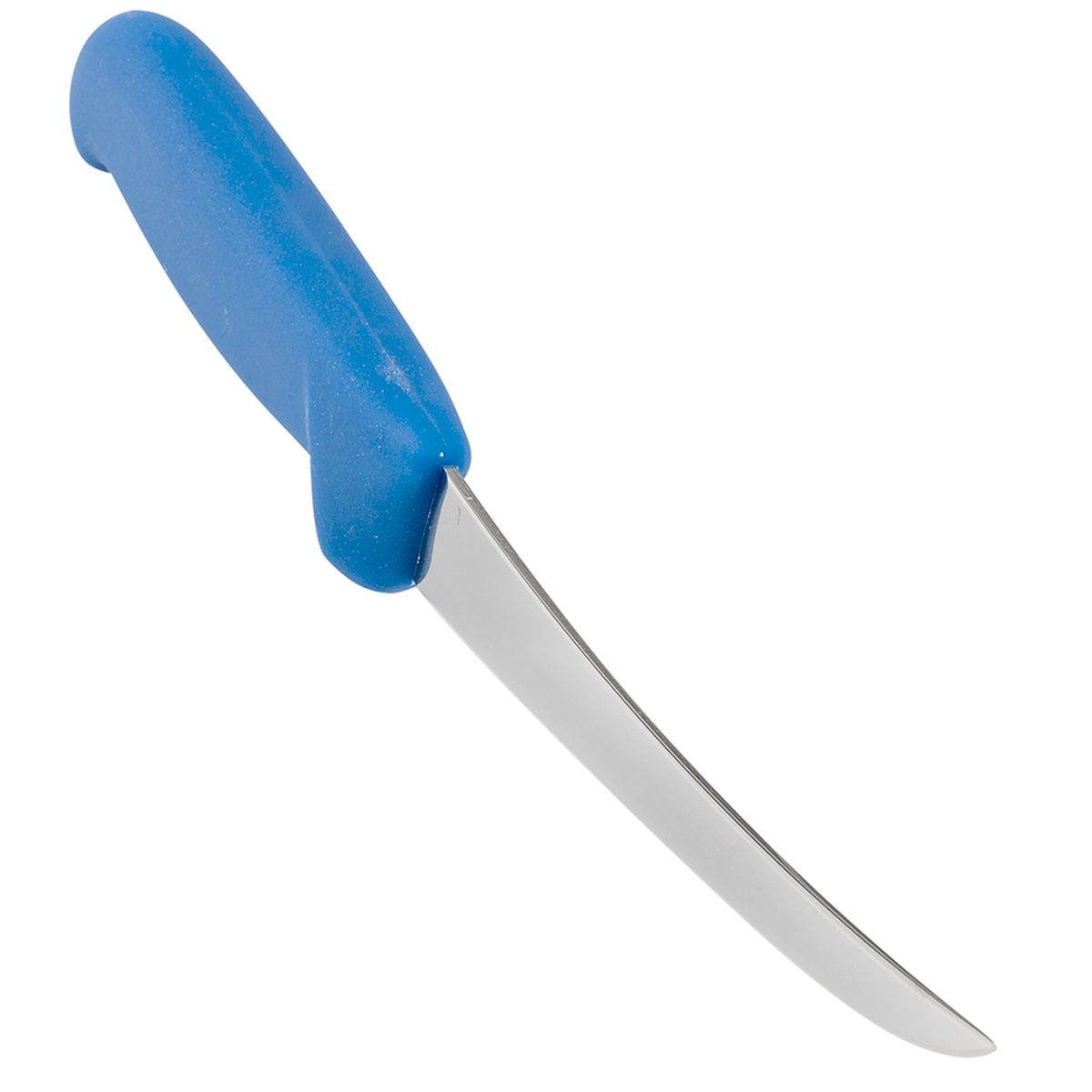 Close-up of blue Fibrox handle and lower curved blade on the Victorinox 5.6602.15 boning knife