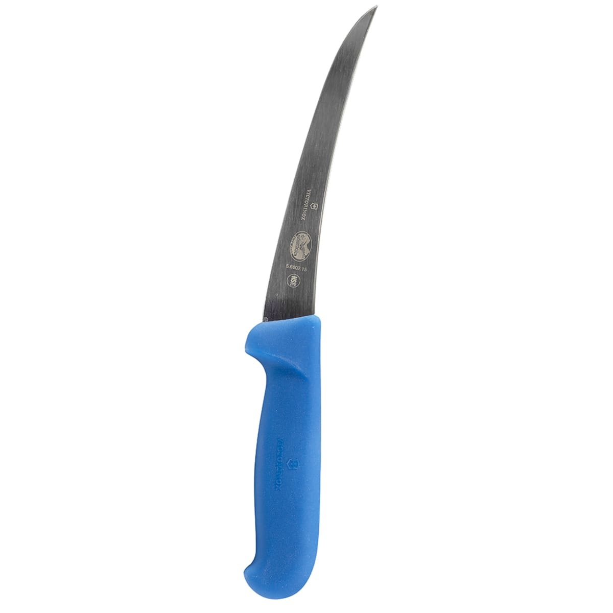 Victorinox 5.6602.15 curved semi-stiff boning knife with blue Fibrox Pro handle, full view