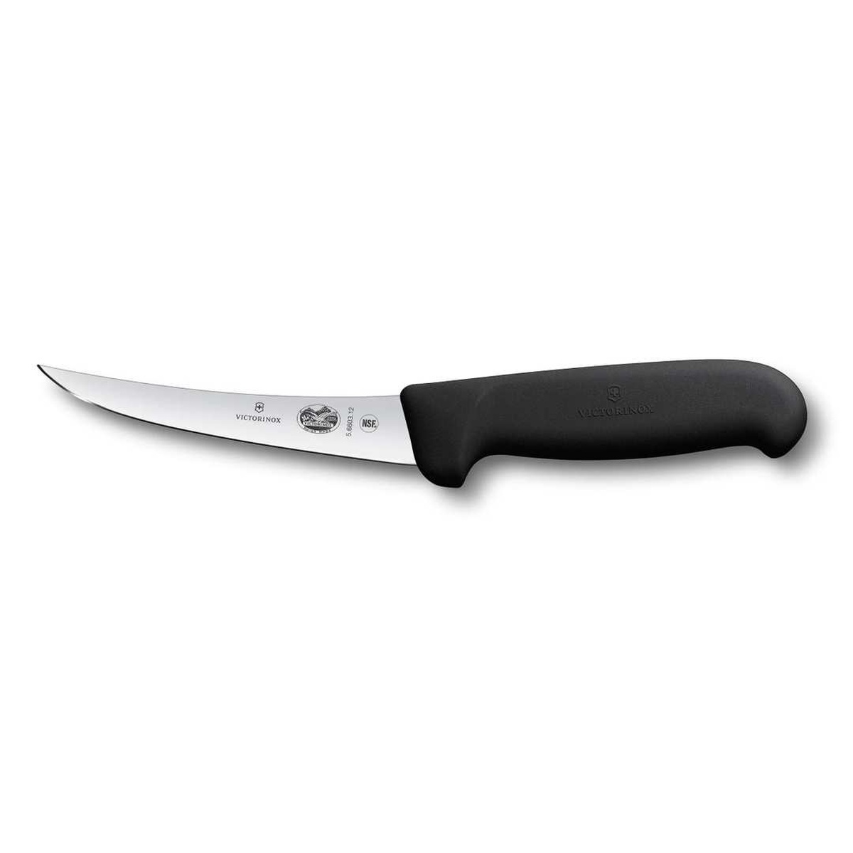 Victorinox Fibrox 12 cm semi-stiff curved boning knife with black TPE handle and silver stainless steel blade