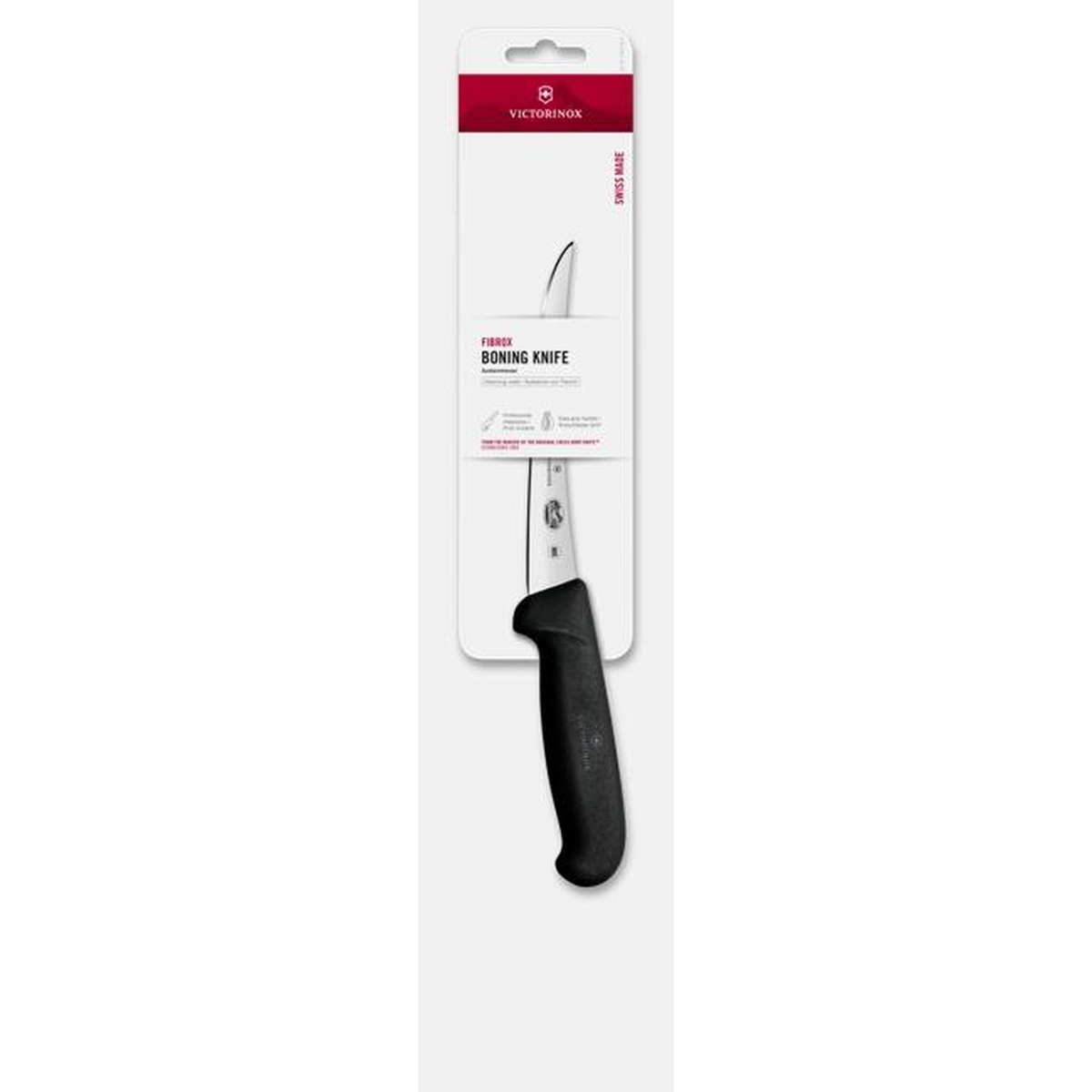 Victorinox Fibrox Boning Knife in retail packaging labeled Swiss Made