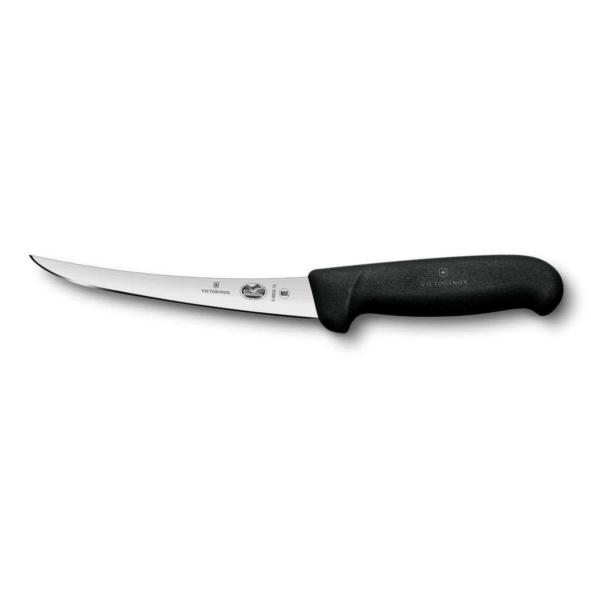 Victorinox Fibrox Boning Knife 6-inch curved semi-stiff stainless steel blade with black Fibrox handle, side profile view