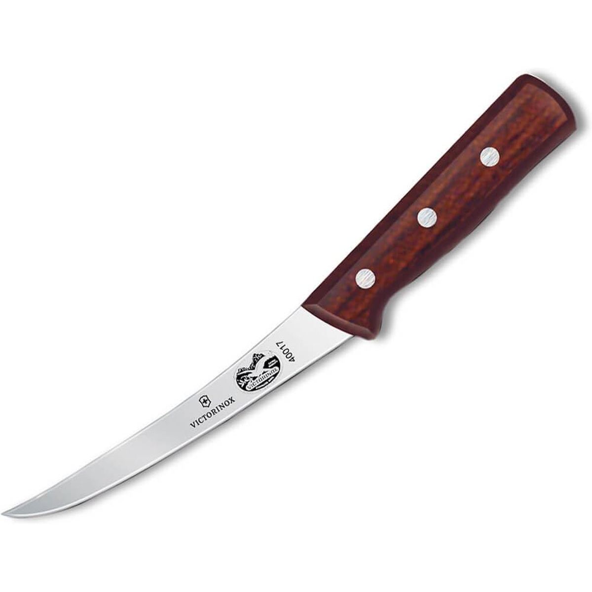 Victorinox 6-inch curved semi-stiff boning knife with polished stainless steel blade and triple-riveted rosewood handle