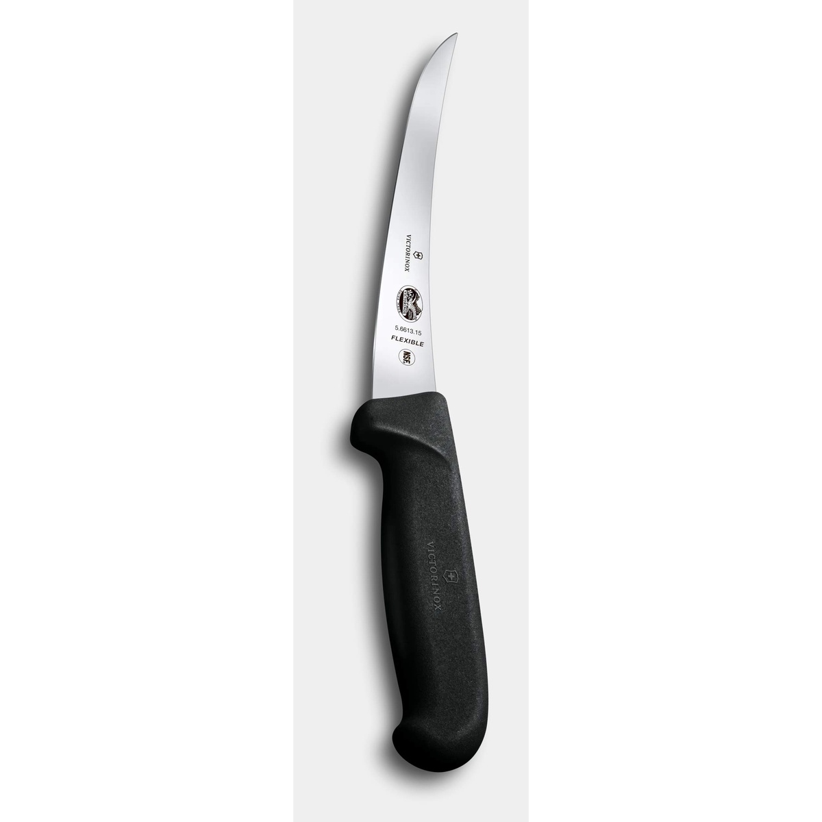 Victorinox Fibrox boning knife portrait view highlighting the ergonomic black Fibrox handle and full blade profile