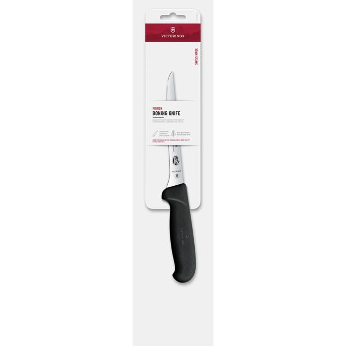 Victorinox Fibrox Boning Knife shown in retail packaging labeled Swiss Made
