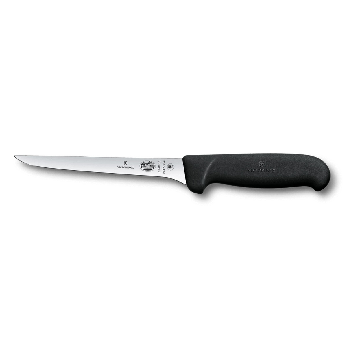 Victorinox Fibrox Pro 6-inch super-flexible boning knife with black handle on white background