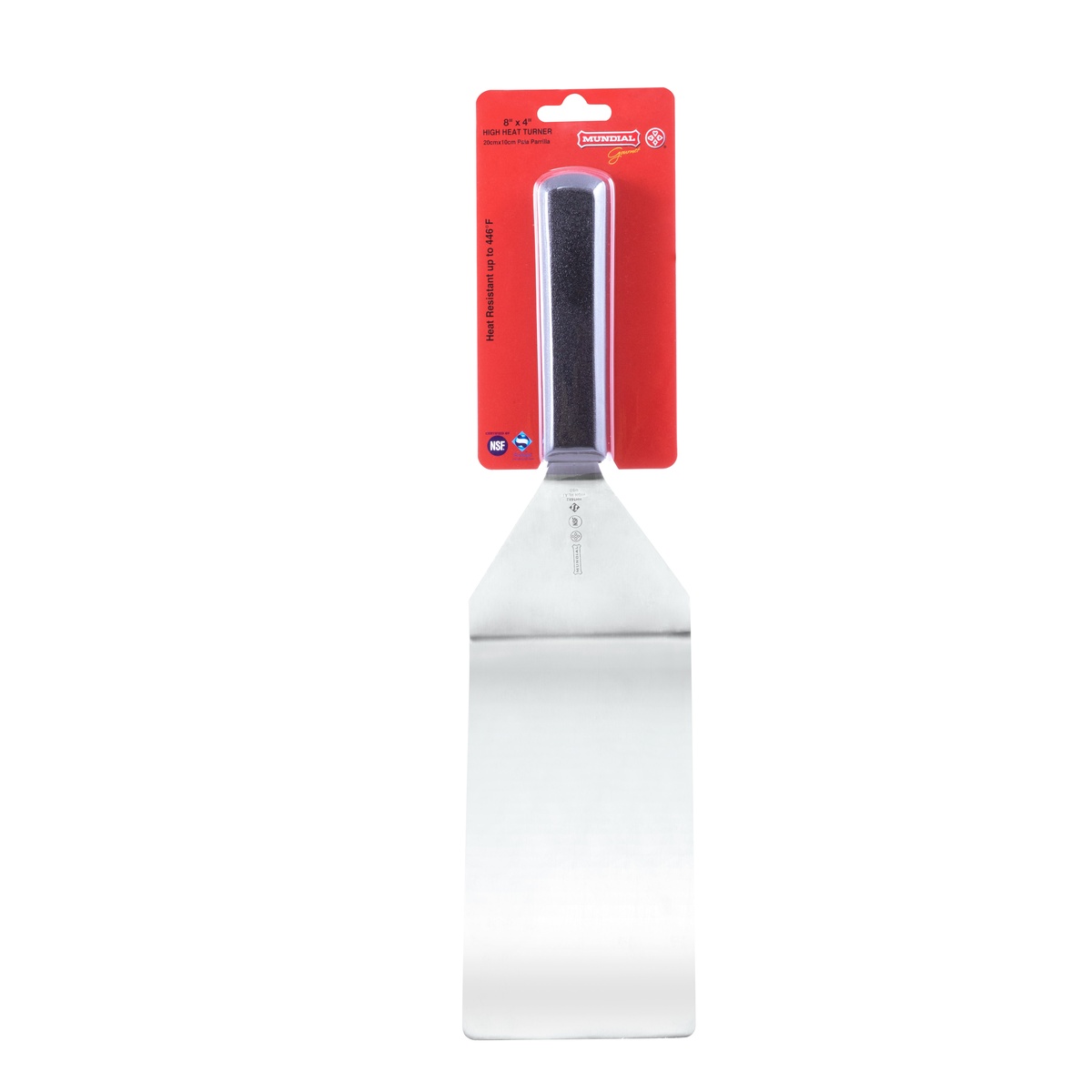 Mundial 5682HH high heat resistant turner shown in retail packaging displaying NSF certification and 446°F heat resistance rating
