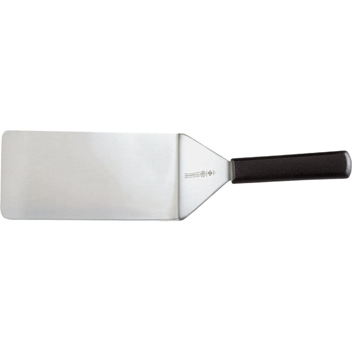 Mundial 5682HH high heat resistant turner with stainless steel blade and black polypropylene handle, side view