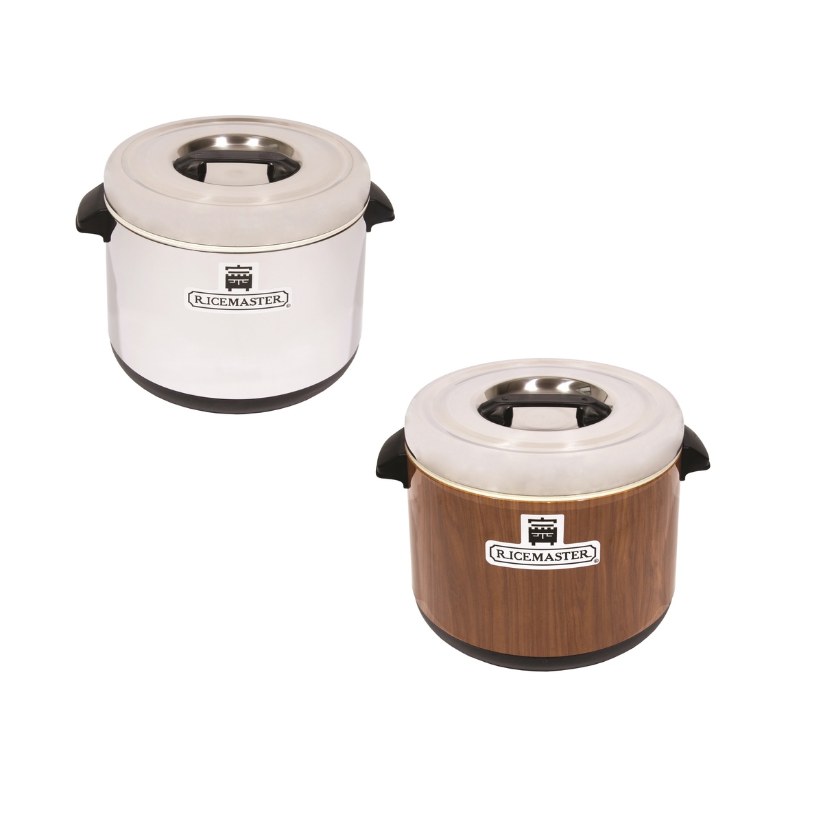Town Ricemaster sushi rice containers showing stainless steel and woodgrain finishes