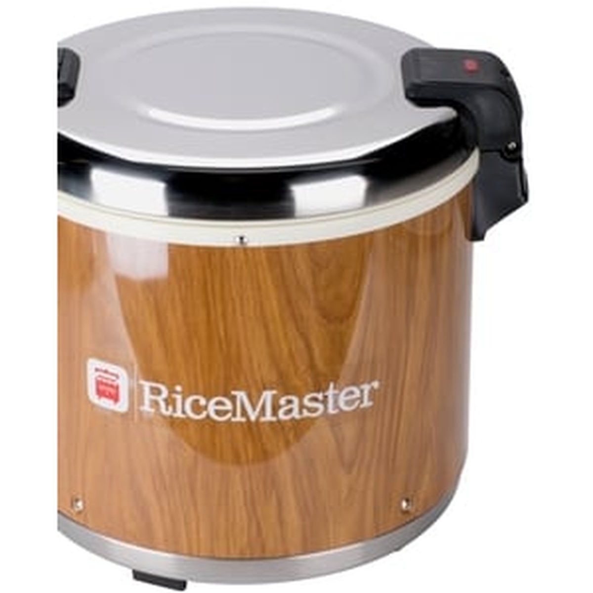 Angled view of Town RiceMaster rice warmer showing stainless steel lid and woodgrain body