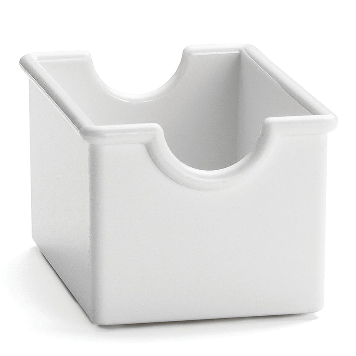 TableCraft 56W white styrene sugar packet holder with open top compartment and curved cutouts on a white background