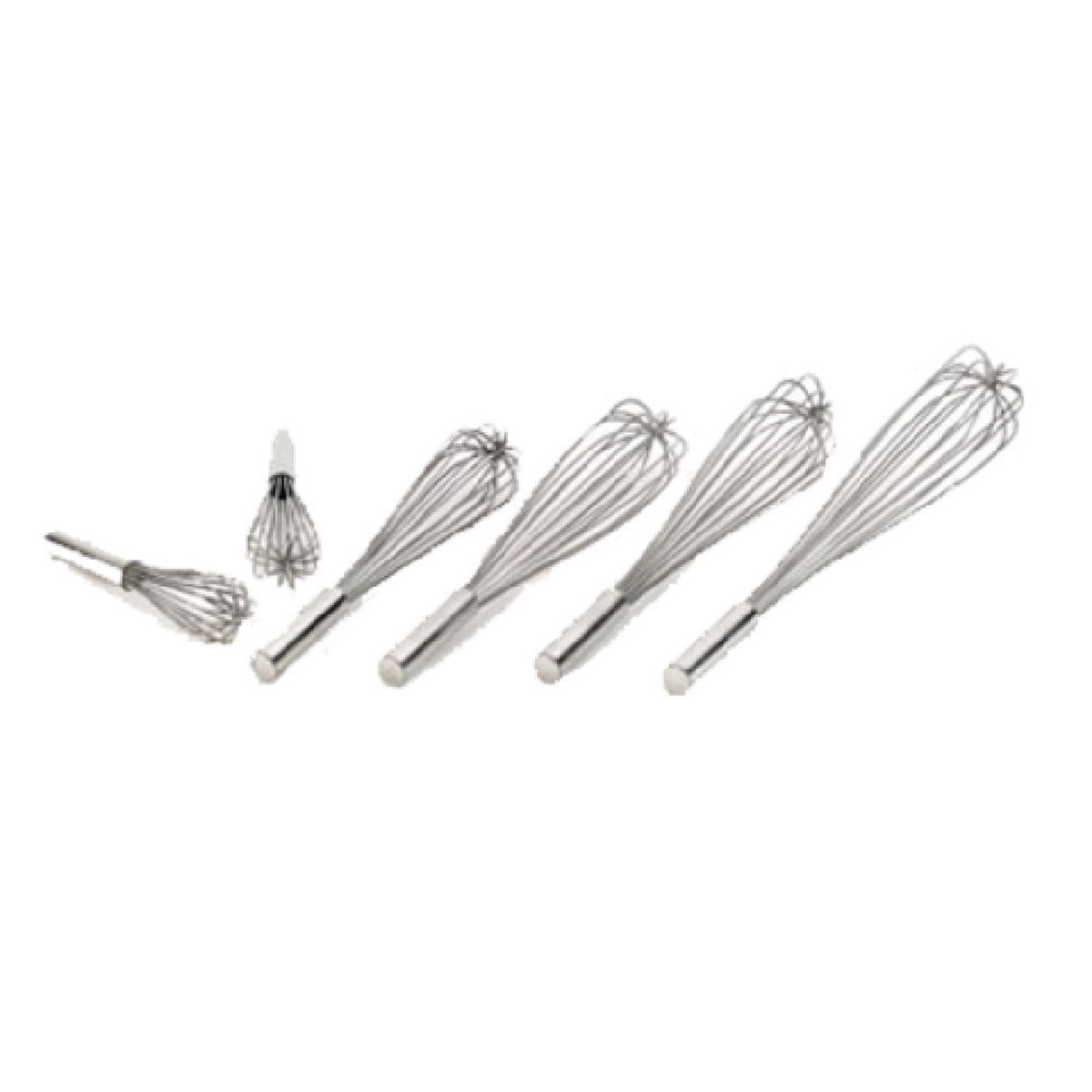 Browne USA Foodservice stainless steel French whips in multiple sizes displayed on white background