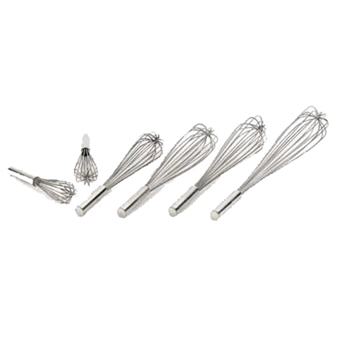 Browne USA 571116 Deluxe French Whip 16 inch stainless steel whisk set shown in multiple sizes