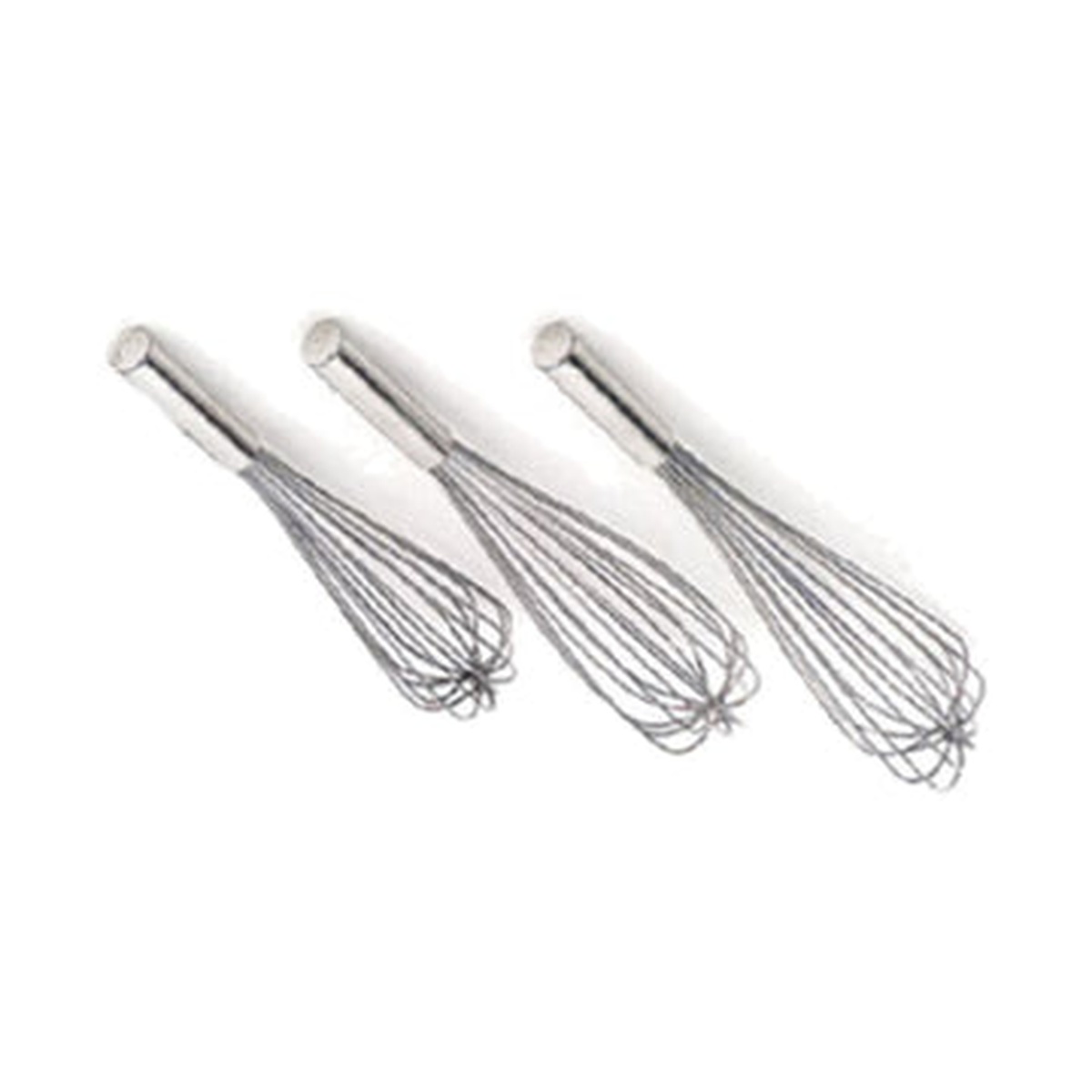 Three Browne USA Foodservice stainless steel piano whips shown side by side in varying sizes