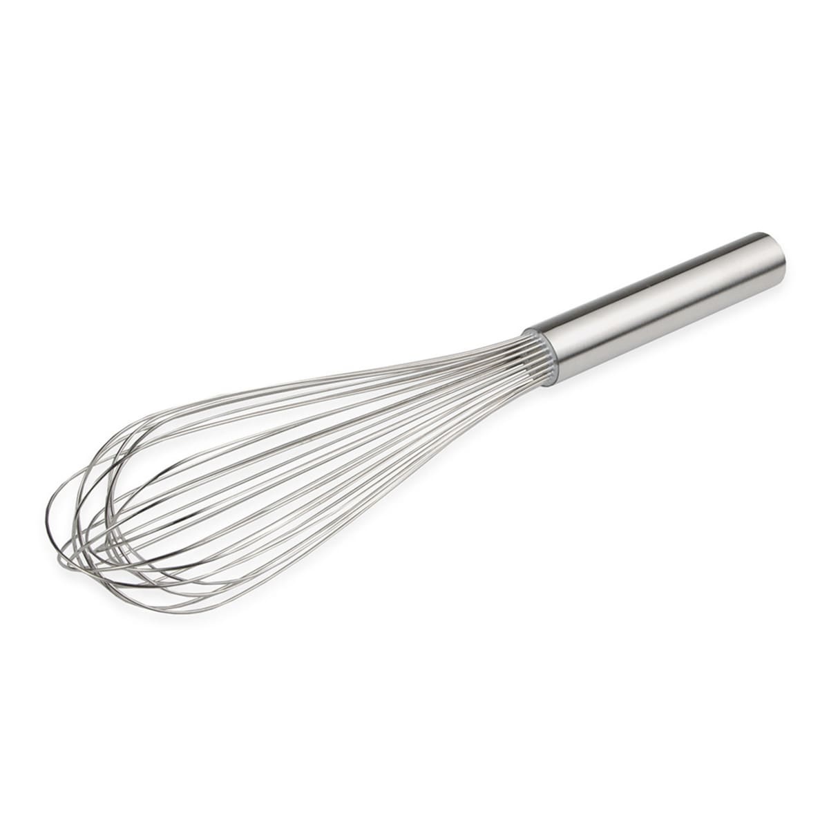 Browne 571214 Deluxe Piano Whip 14-inch stainless steel whisk, angled view on white background