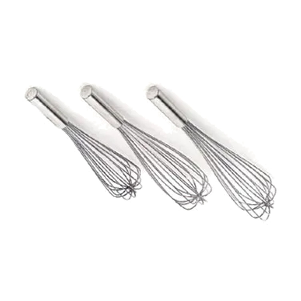 Three Browne USA stainless steel piano whisks displayed side by side on white background