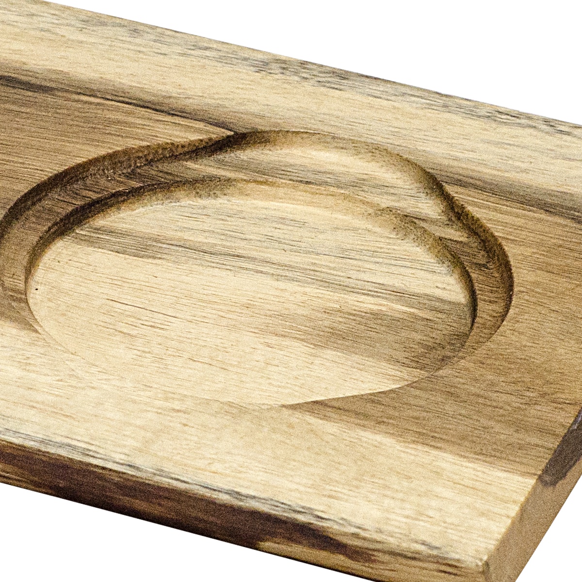 Close-up detail of the carved round well on the Browne 571267 acacia wood reversible serving board