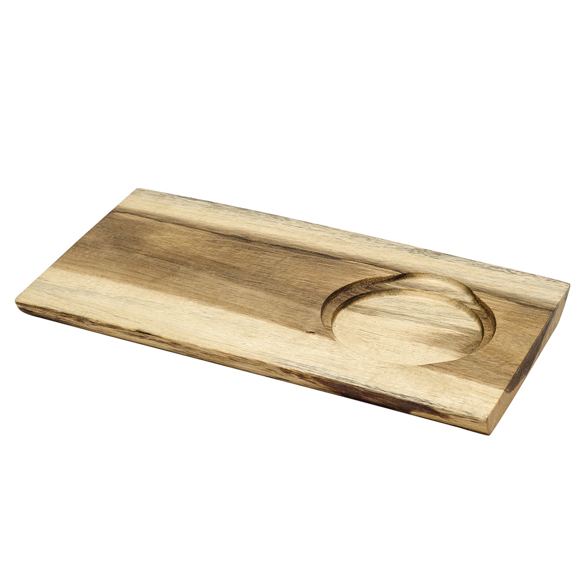 Well side of the Browne 571267 acacia wood serving board with carved round insert recess