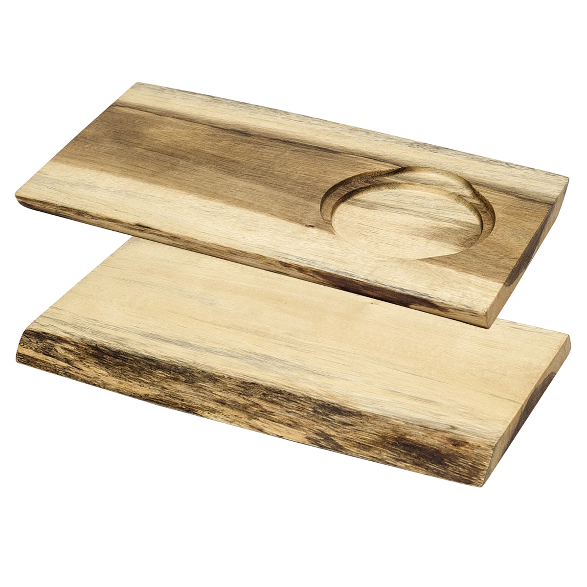Browne 571267 acacia wood reversible serving board showing both the smooth side and the round well side