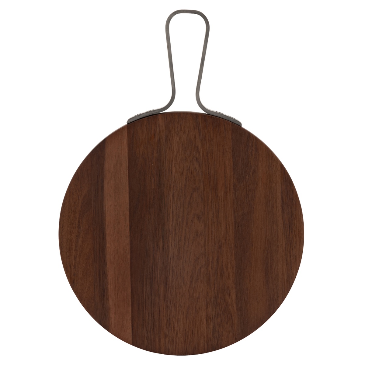 Top-down view of round acacia wood serving board with stainless steel handle showing natural wood grain