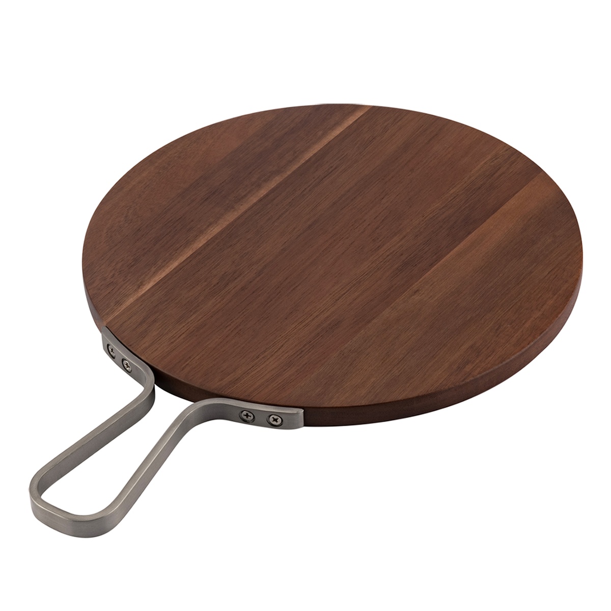 Browne 57128 round acacia wood serving board with stainless steel handle, angled perspective view
