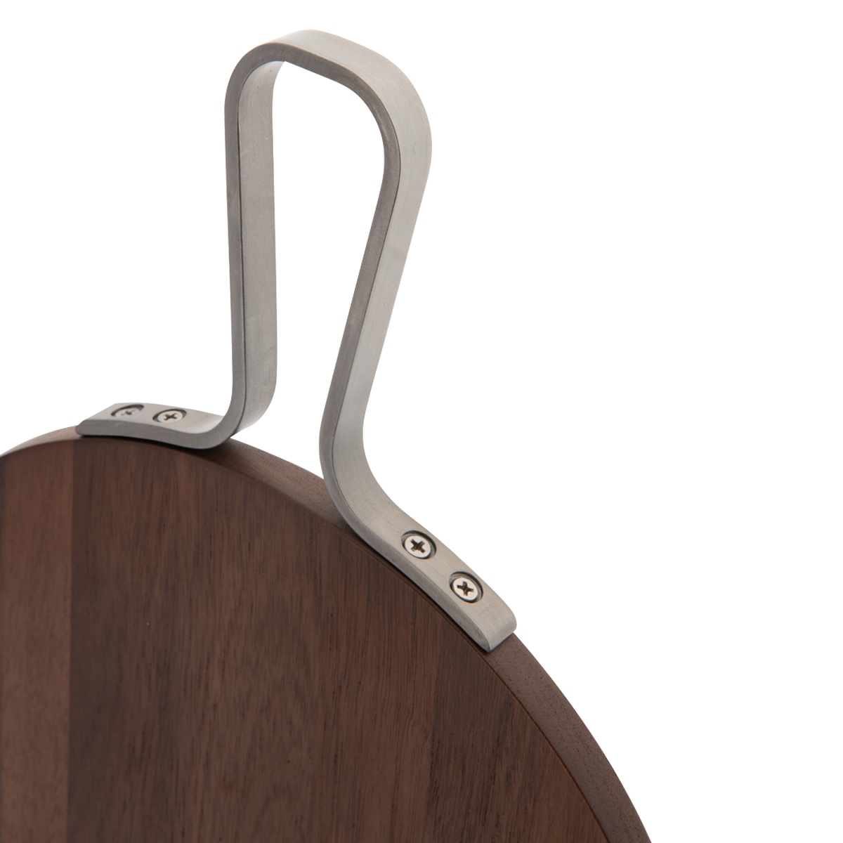 Close-up of stainless steel handle securely fastened to acacia wood serving board with visible screws